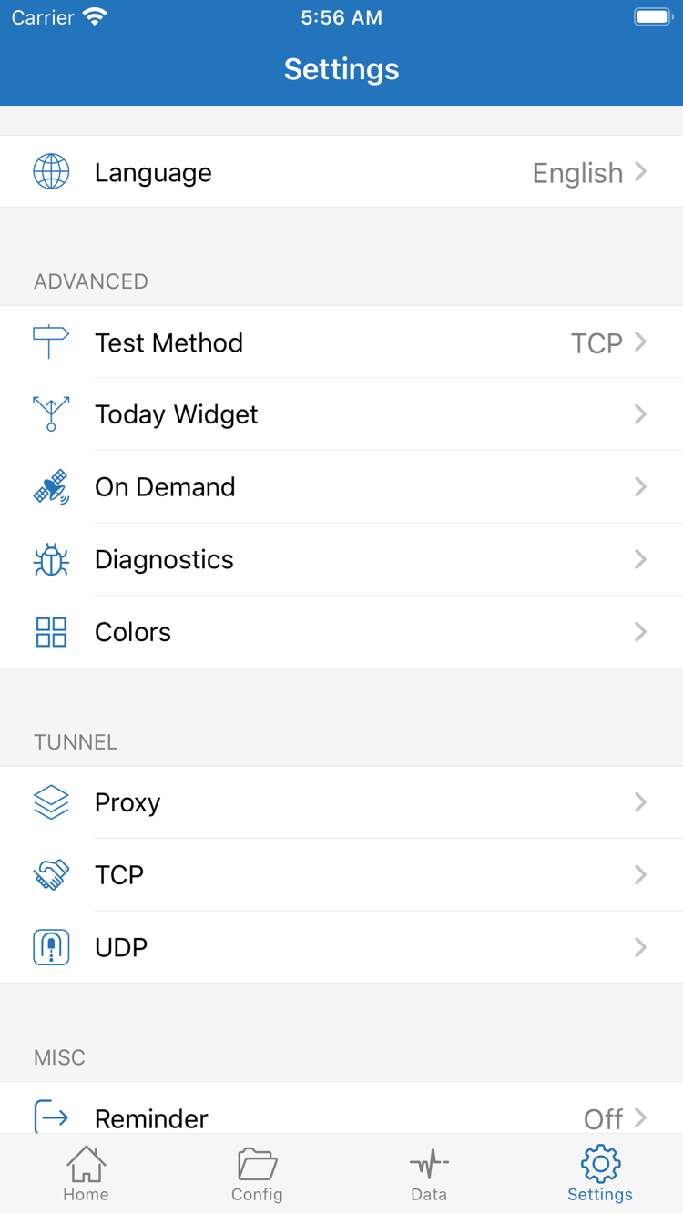 ShadowrocketのSettings画面。Language、Test Method、Today Widget、On Demand、Diagnostics、Proxy、TCP、UDPの設定項目を表示