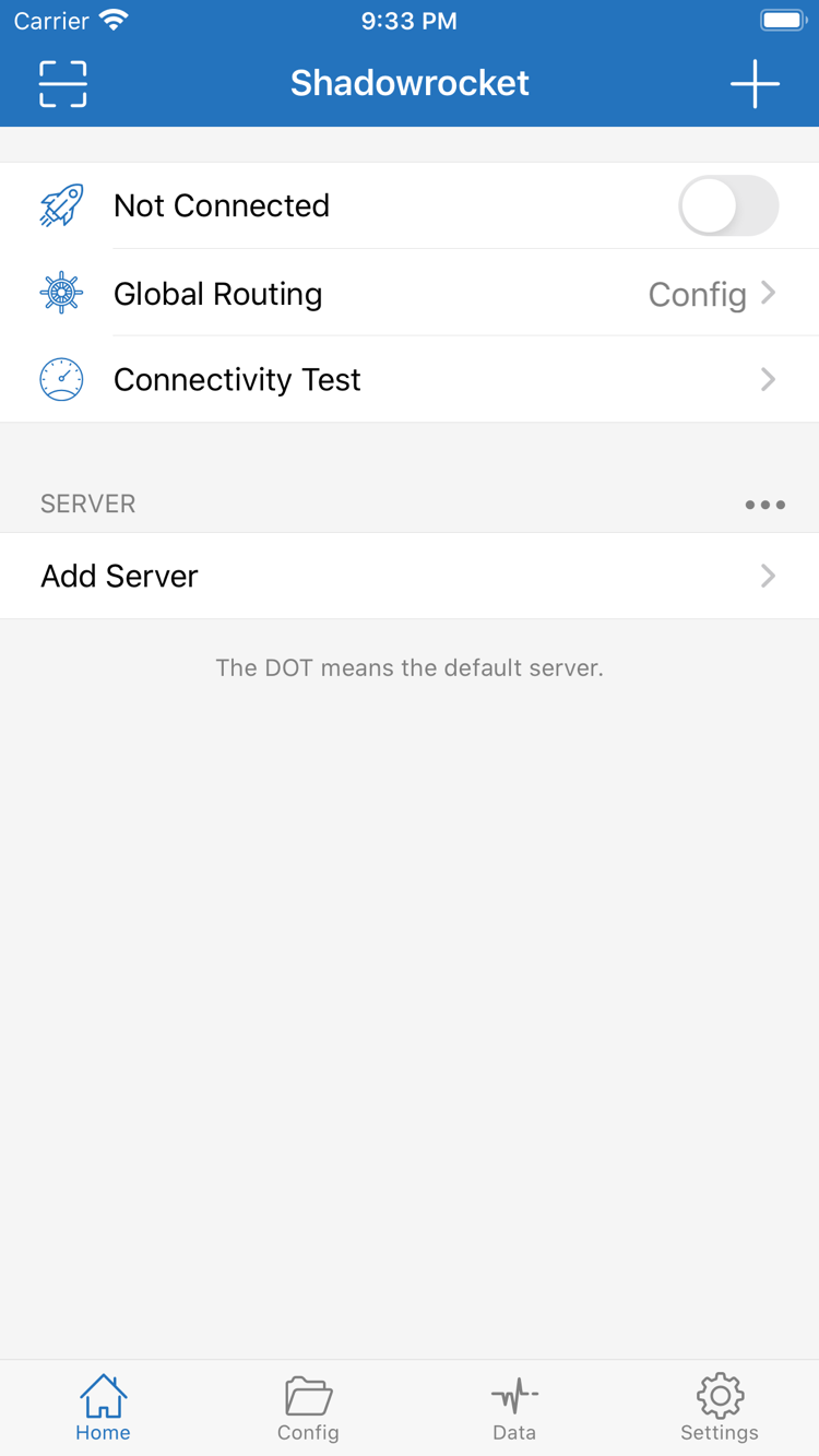 ShadowrocketのHome画面。上部にNot Connectedのスイッチがあり、その下にGlobal RoutingのConfig、Connectivity Test、SERVER一覧、Add Serverを表示